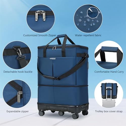 Large Capacity Rolling Duffle Bag with Detachable Wheels,Expandable Foldable Suitcase for Travel,Collapsible Luggage Duffel Overnight Weekend Bags without Telescoping Handle - color: Blue