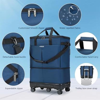 Large Capacity Rolling Duffle Bag with Detachable Wheels,Expandable Foldable Suitcase for Travel,Collapsible Luggage Duffel Overnight Weekend Bags without Telescoping Handle - color: Blue