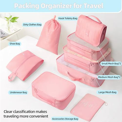 10 Pcs Set Packing Cubes - Travel Packing Organizers, Expandable Suitcase Organizer, Luggage Organizer Bags - color: PINK