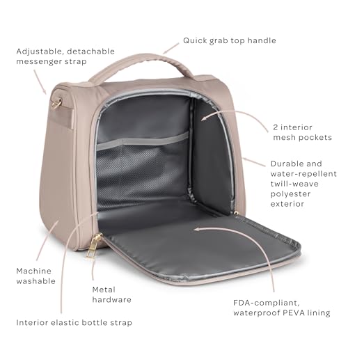 JuJuBe Insulated Bottle Bag, Breastmilk Cooler Bag Fits 3 Baby Bottles, Storage Tote for Nursing Mom, Daycare & Travel, Lunch Bag w/Handle & Shoulder Strap (Taupe) - color: Taupe