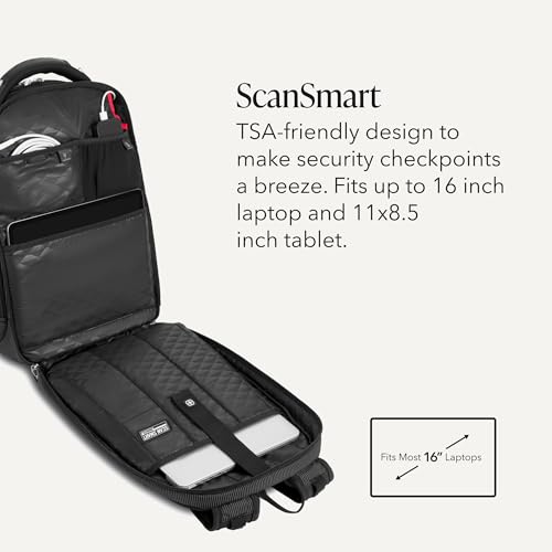 SwissGear Travel Tech Elite Laptop Backpack – Fits Laptops up to 16” – ScanSmart TSA-Friendly Backpack with USB Port, Shoe Compartment & Organizer Pockets – Black Dot - color: Black Dot, style: Travel Tech Elite