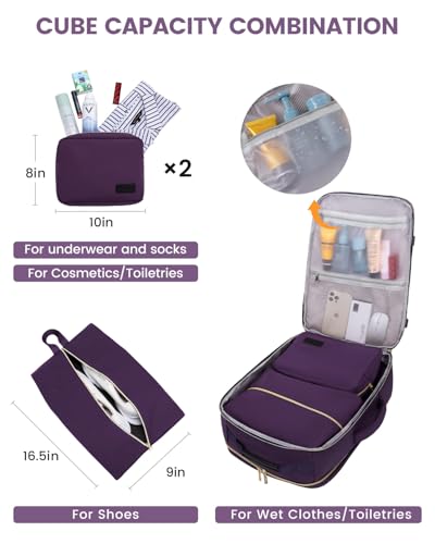 LOVEVOOK 50L Travel Backpack for Women & Men, Airline Approved Carry On Luggage with 3 Packing Cubes, TSA Overnight Bags, Waterproof Personal Item Bag, Weekender Essentials Backpacks fits 17" Laptop - color: Purple-beige-black, size: X-Large