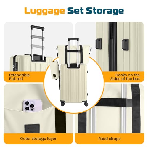 Hoteel Luggage Set 3 Piece, 4-Year Warranty, Suitcases with Wheels, PC+ABS Hardshell Suitcase, TSA Lock, Including Waterproof Luggage Bag, Travel Maletas for Men & Women, Beige - color: Beige, size: 3 Piece Set (20/Expandable DB/TB)