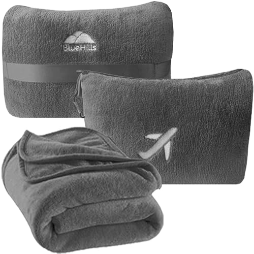 BlueHills Travel Blanket Pillow in Mini Soft Case Premium Plush Airplane Blanket Soft Bag Compact Pack with Luggage Belt and Backpack Clip Small Lightweight Traveling Plane Essentials - Grey Gray M01 - color: Gray-m01