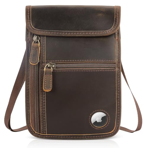 Polare Full Grain Leather Neck Wallet RFID Blocking Conceal Passport Holder Travel Pouch with AirTag Slot for Men - color: Dark Brown(Flip-cover version)