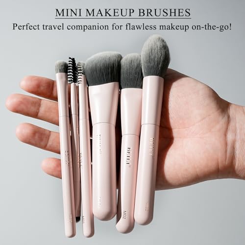 BEILI Mini 6Pcs Makeup Brush Set – Soft Pink, Travel Makeup Brushes for Foundation, Contour, Highlighter & Blending, Includes Sponge and Gift-Ready Box - color: Pink