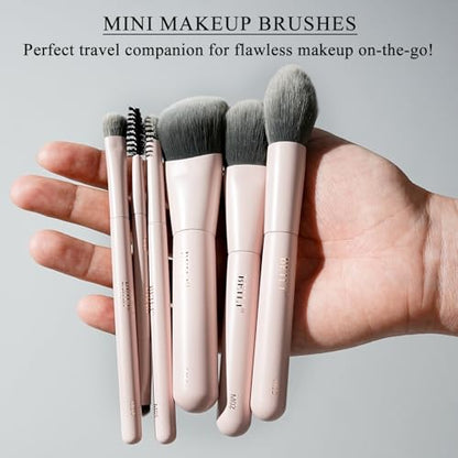 BEILI Mini 6Pcs Makeup Brush Set – Soft Pink, Travel Makeup Brushes for Foundation, Contour, Highlighter & Blending, Includes Sponge and Gift-Ready Box - color: Pink