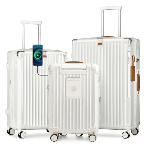 Joyway 3 Piece Set Hardside Expandable Luggage with USB Charging Port and Cup Holder, TSA Lock Spinner Wheels Suitcase for International Travel, Lightweight Carry On Checked Baggage, White - color: White, size: 3 piece set (20/24/28inch NEW)