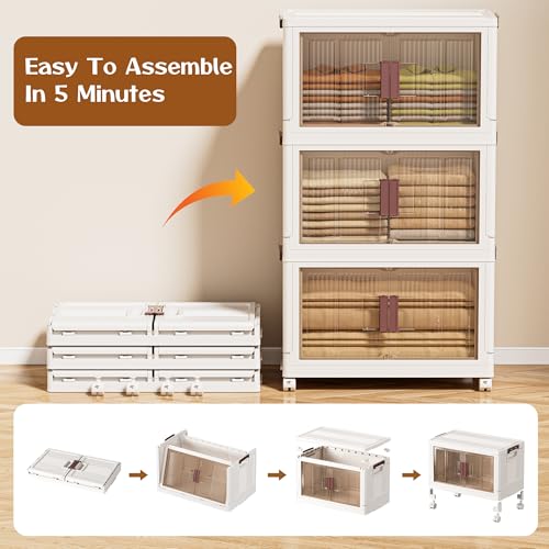 45GAL/180QT 3 tier large stackable storage bins with lid and wheels, collapsible storage bins plastic with doors，suit for clothes, closet, home and office - style: 3 Pack