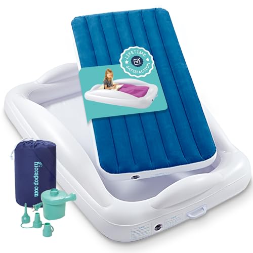 Hiccapop Inflatable Toddler Travel Bed with Safety Bumpers [4-Sided], Portable Toddler Bed for Kids, Kids Air Mattress, Toddler Air Mattress - Navy Blue - color: Blue