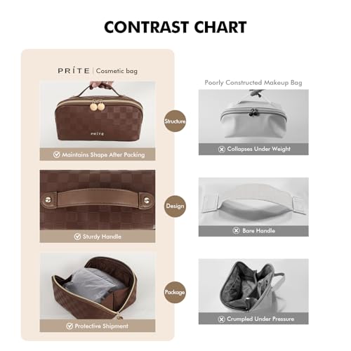 Prite Makeup Bag for Women Travel Waterproof Vegan Leather Cosmetic Bag Open Flat Toiletry Bag With Clear Divider and Handle (Plaid Brown, Medium) - color: Plaid Brown, size: Medium