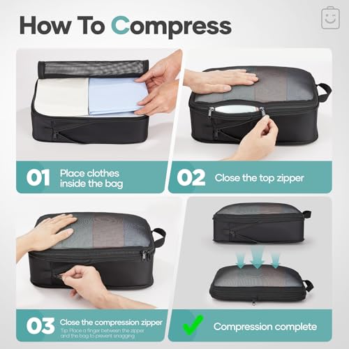 Veken 10 Set Compression Packing Cubes for Travel Essentials,Compressible Expandable Large Luggage Suitcase Organizer Bags for Clothing,Durable Space Saver Storage Bags with Makeup Bag(Black) - color: Black, size: 10 set