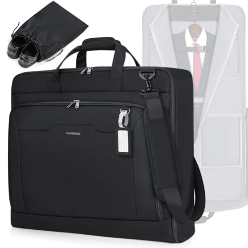 RAINSMORE Garment Bags for Travel Carry On Garment Bag for Hanging Clothes, Suit Bag for Business Trips with Shoes bag & Shoulder Strap, Waterproof Foldable Suit Luggage Bag for Men Women, Black - color: Black