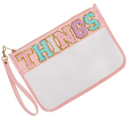 Iqimott Monogram Letter Clear Bag Purse, Chenille Glitter Letter Makeup Cosmetic Bag Patch Zipper Toiletry Pouch, Portable Travel Beach Snack Wristlet Bag for Women Girls(Things, Pink) - color: Things-Pink