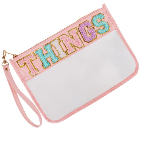 Iqimott Monogram Letter Clear Bag Purse, Chenille Glitter Letter Makeup Cosmetic Bag Patch Zipper Toiletry Pouch, Portable Travel Beach Snack Wristlet Bag for Women Girls(Things, Pink) - color: Things-Pink