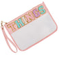 Iqimott Monogram Letter Clear Bag Purse, Chenille Glitter Letter Makeup Cosmetic Bag Patch Zipper Toiletry Pouch, Portable Travel Beach Snack Wristlet Bag for Women Girls(Things, Pink) - color: Things-Pink