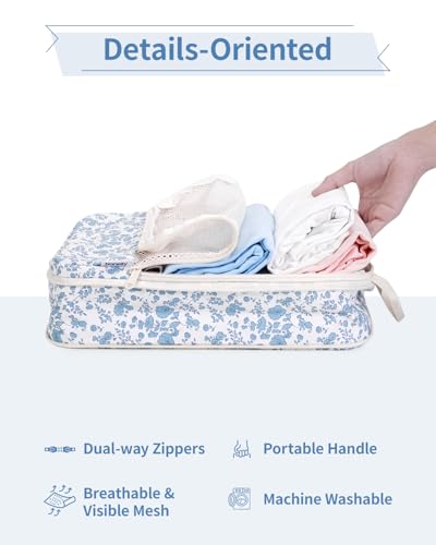 Narwey 6 Set Compression Packing Cubes for Travel Women Men, Travel Cubes for Carry On Suitcase, Durable Compression Luggage Organizer Bags - color: Y-Blue Flower