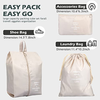 Chumia 21 Set Packing Cubes Back to School Travel Clothes Luggage Suitcases Organizer Trip College Dorm Toiletry Shoes Bag(Beige, Gray, Lake Blue)