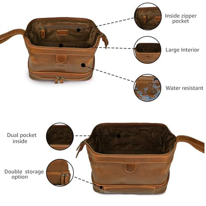 LEATHER VILLAGE Genuine Leather Dopp Kit – Large Travel Toiletry Bag with Waterproof Lining, Dual-Zip Design for Men & Women, Organizer for Shaving, Makeup & Essentials - Tan - color: Sun Tan