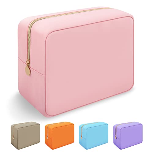 Iqimott Nylon Large Makeup Bag Travel Pouch, Preppy Big Cosmetic Bag Makeup Organizer Nylon Large Capacity Toiletry Bag, Waterproof Large Zipper Pouch Storage Bag for Women Girls Teens(Pink) - color: Pink, size: Large