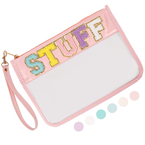Iqimott Chenille Letter Stuff Bag Clear Flat Pouch, Monogram Glitter Letter Patch Makeup Cosmetic Bag Zipper Toiletry Pouch, Portable Travel Beach Snack Wristlet Bags for Women Girls(Stuff, Pink) - color: Stuff-Pink