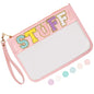 Iqimott Chenille Letter Stuff Bag Clear Flat Pouch, Monogram Glitter Letter Patch Makeup Cosmetic Bag Zipper Toiletry Pouch, Portable Travel Beach Snack Wristlet Bags for Women Girls(Stuff, Pink) - color: Stuff-Pink