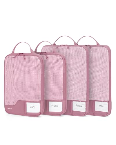 ECOHUB 4 Set Compression Packing Cubes for Travel Essentials, Suitcases Organizer Bags with Tag, Travel Bags Organizer for Luggage, Dusty Rose-Compress - color: Dusty Rose-Compress