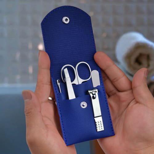 HANTEKAS Travel Manicure Set Professional Nail Clipper Kit-5 Pieces Stainless Steel Manicure Kit, Women Men Grooming kit With Nail Care Tools Beauty Scissors Tweezers (Silver Blue) - color: Blue