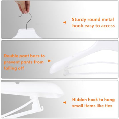 Suit Hangers for Men 50 Pack, White Coat Hangers Extra Wide Non Slip Width 17.7", Thick Plastic with Pants Bar & Metal Hook - color: White, size: 50 Pack