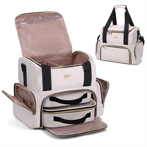 BAFAMYE Large Makeup Cosmetic Bag with 2 Removable Case, Double Layer Travel Makeup Organizer Case, travel Toiletry Bag For Women - color: Khaki