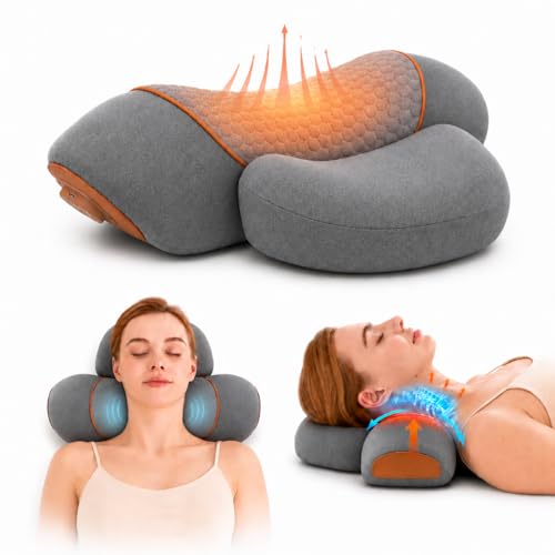 3 in 1 Heated Neck Massage Pillows with Heat for Pain Relief Deep Tissue, Rechargeable Cervical Neck Hump Corrector, Wireless Pillow Supports (No Washable Cover)