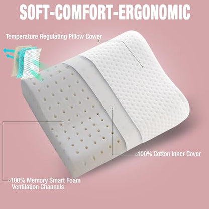 alkamto Travel & Camping Comfortable Memory Foam Pillow – Easy to Carry Portable Bag – Temperature Regulating Pillow Case (Pink Contour + Extra Cover) - size: Pink Contour Travel + Extra Cover