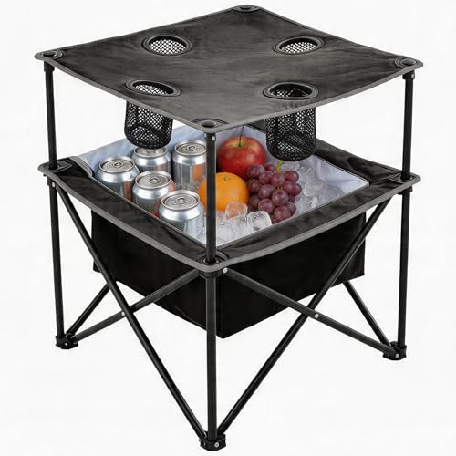 Portable Outdoor Folding Camping Table with 4 Cup Holders & Cooler Compartment, Waterproof Picnic Table for Picnic, BBQ, Beach, Hiking (Black) - color: Black
