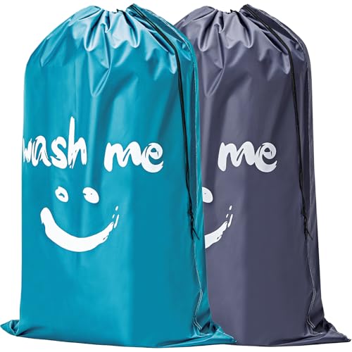HOMEST 2 Pack XL Laundry Bags 28" x 40", Extra Large Dirty Clothes Organizer Holds 3-4 Loads, Machine Washable Drawstring Laundry Bag for Dorm, Camp, Laundromat, Family, Travel, Gray & Sky Blue - color: (Ⅰ-Wash me)Gray & Sky Blue