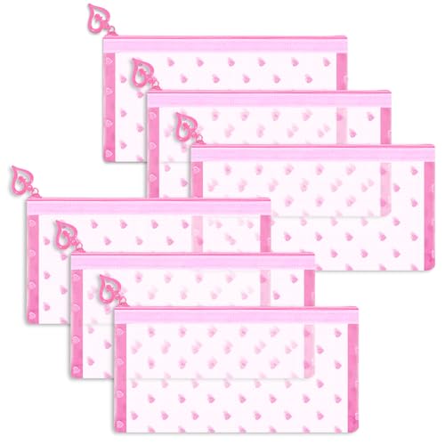 6 Pack Mini Zipper Mesh Makeup Bags, Heart Print Nylon Cosmetic Bags Toiletry Bags for Office Travel Organization (Pink, M) - color: Pink, size: M