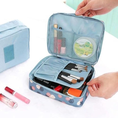 Large Capacity Travel Toiletry Bag, 9x5x4 Inch Makeup and Bathroom Organizer with Water-Resistant Fabric, Blue Floral Design