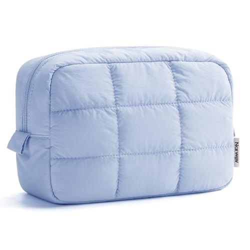 Narwey Quilted Makeup Bag for Women Girl, Puffer Travel Cosmetic Bag Puffy Make Up Bag Organizer, Cute Travel Toiletry Bag for Toiletries (Blue) - color: Blue