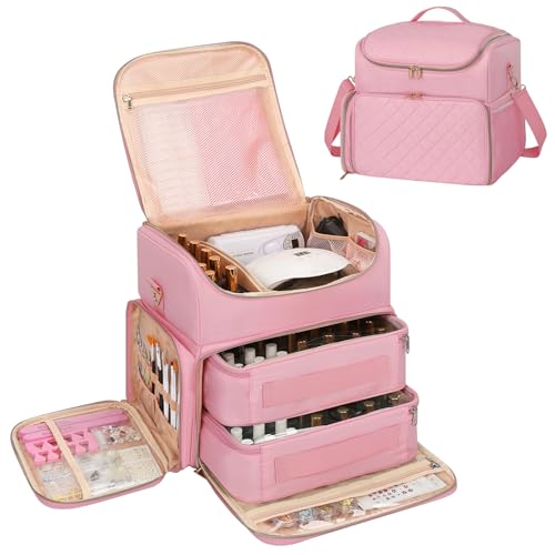 CUBETASTIC Extra Large Nail Polish Organizer Case Holds 86 to 100+ Bottles & Nail Lamp, Nail Supplies Storage Bag with 2 Removable Pouches, Nail Art Travel Box - color: Light Pink, size: 86 Slots