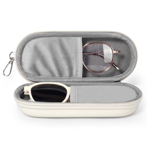 Double Eyeglasses Case, Dual Glasses Sunglasses Organizer with Zipper Closure, Eyewear Storage Box for Men Women Travel - color: Beige