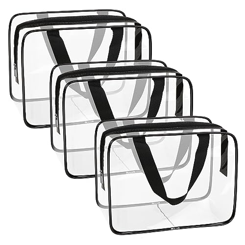 APREUTY Clear Makeup Bags, TSA Approved 3 Pcs Large Cosmetic Makeup Bags Set Clear PVC with Zipper Handle Portable Travel Luggage Pouch Airport Airline Vacation Organization (Black) - color: Black-3PCS (Large)