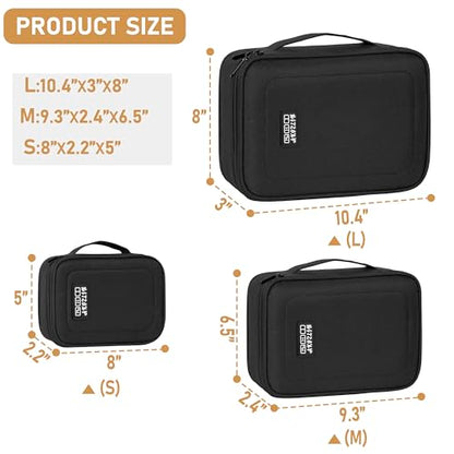 AKOZLIN Cord Organizer Case with Adjustable Divider 3pcs/set Padded Cable Organizer Bag Double Layer Electronics Travel Case DJ Cable File Bag Black