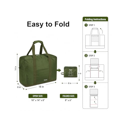 Foldable Travel Duffle Bag with Trolley Sleeve 40L Capacity, Lightweight Packable Travel Duffel Bags with the Keyhole Zipper, Weekender Overnight Nylon Carry on Bag for Men & Women, Army Green - color: Green
