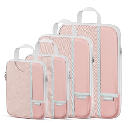 Percover Compression Packing Cubes for Travel, 4-Piece Structured Compression Organizer Set with Label Pockets for Carry-On & Checked Luggage, Pink - color: Pink, size: 4 Set