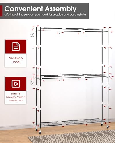Sakugi Clothes Rack - 45.2" x 12.2" x 79.5" Clothing Rack with Shelves & Wheels, Multi-Functional Wardrobe Closet with Hooks, Sturdy Metal Garment Rack for Bedroom, Laundry, Balcony (Black) - color: Black, size: X-Large