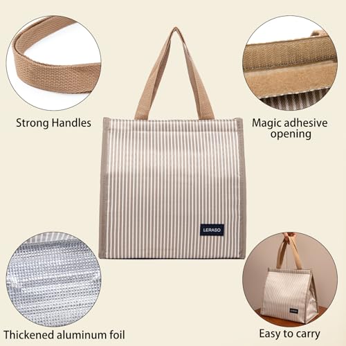 Insulated Lunch Bag for Work, 10.2"x5.9"x10.2" Oxford Waterproof Striped Canvas Tote Bag - color: Gold White