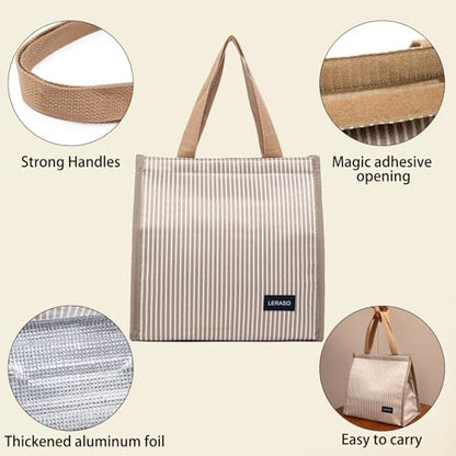 Insulated Lunch Bag for Work, 10.2"x5.9"x10.2" Oxford Waterproof Striped Canvas Tote Bag - color: Gold White