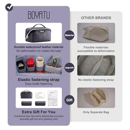 BOYATU Travel Makeup Bag Organizer: 3 Pcs Set Leopard Make up Bag for Women | Vegan Leather Cosmetic Bags with Compartments - Waterproof Toiletry Bag - 180° Open-Flat Make up Case for 3-15 Day Trips - color: 04-Purple