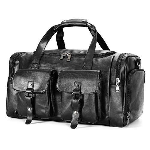 Zeroway Travel Duffel Bag with Shoe Pouch, PU leather Carry on Bag Weekender Overnight Bag for Men Women Black - color: Black