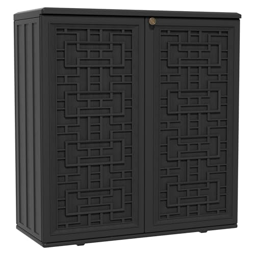 Mrosaa Indoor Outdoor Storage Cabinet Waterproof with Shelf,Plastic Storage Sheds Outdoor Cabinets for Patio/Garden/Backyard, Size 34.3''L*15''W*36.2''H（Black） - color: Black