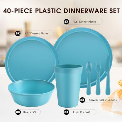 40 Piece Plastic Dinnerware Set for 8 with Cutlery, Unbreakable Plates and Bowls Set, Dishwasher & Microwave Safe Reusable Dish Set for Camping, RV, Outdoor Kitchen, Apartment Dining, Teal - color: Blue